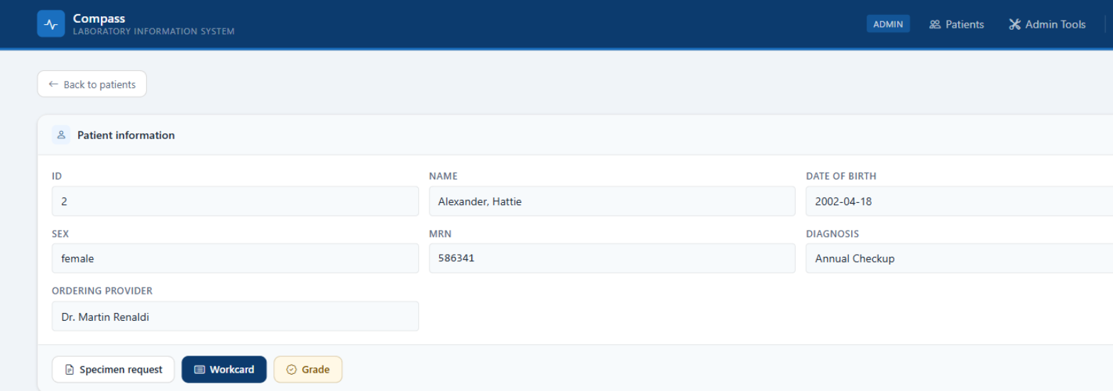 Compass LIS Patient Information Screenshot