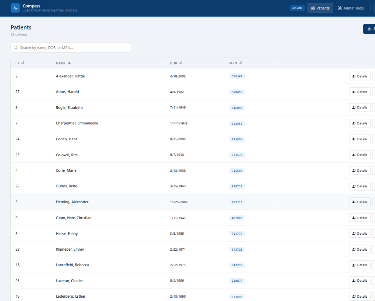 Compass LIS Patient List Screenshot