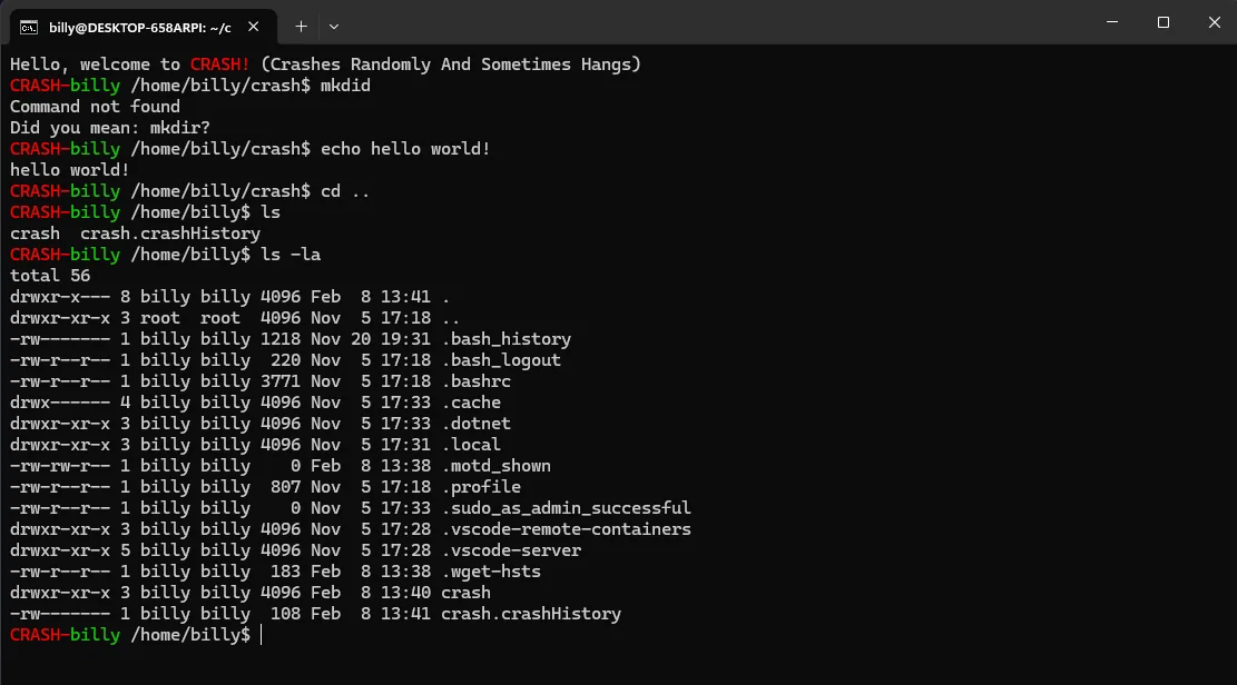 CRASH shell screenshot